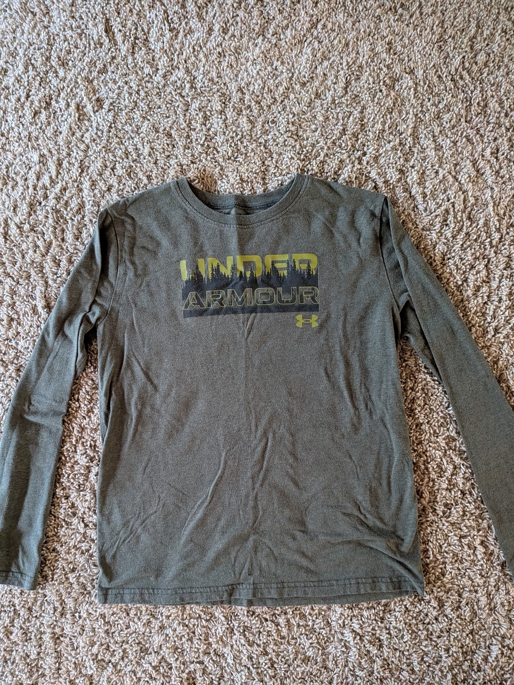 Under Armour Boys Long Sleeve Tee Olive Green with Yellow Logo